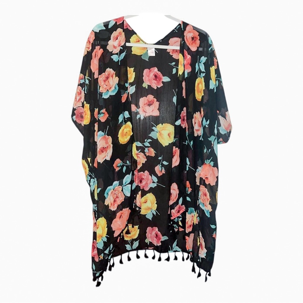 🔥3/$15 Floral Black kimono Cover-Up women’s ONE size-fits up to 2x